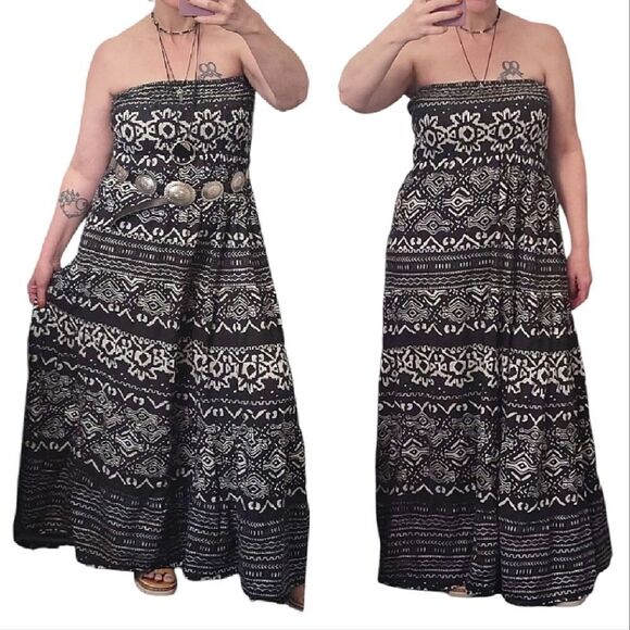 VTG Y2K Black White Geo Print Strapless Tiered Cotton Grunge Maxi Dress *L / XL - Picture 1 of 13